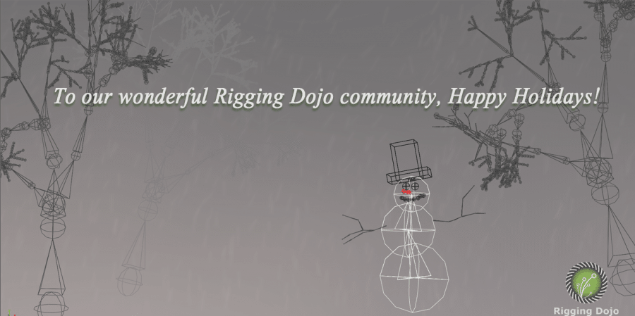 To our wonderful Rigging Dojo community, Happy Holidays - text on image of snow man and trees in a snow storm made out of Maya joints with our Rigging Dojo logo on it