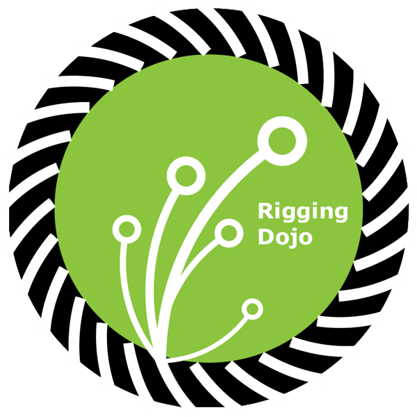 Rigging Dojo logo jagged edge around green circle filled with white growing smaller circles