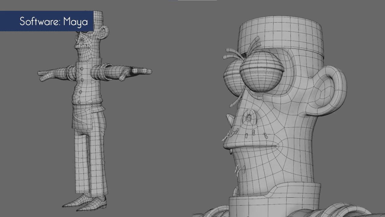 Human character model, sculpted on the computer in Maya software, no color or texture, just showing the shape and thin wireframe overlay